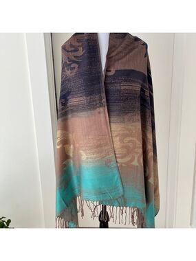 WRAP Shawl Oversize Scarf Fringe Brown Tan Turquoise Ombre Lightweight Travel